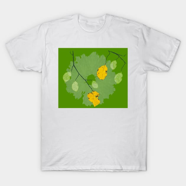 yellow leaves on green background design T-Shirt by Happyoninside